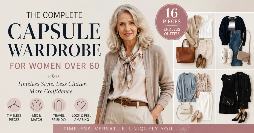 Featured image for a capsule wardrobe over 60 guide showing a stylish mature woman wearing timeless neutral clothing alongside versatile capsule wardrobe essentials for elegant everyday outfits.