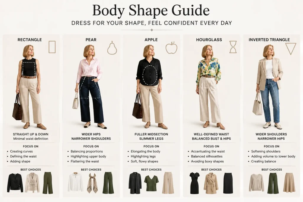 Capsule wardrobe by body shape showing versatile outfit ideas and clothing essentials for different women’s body shapes