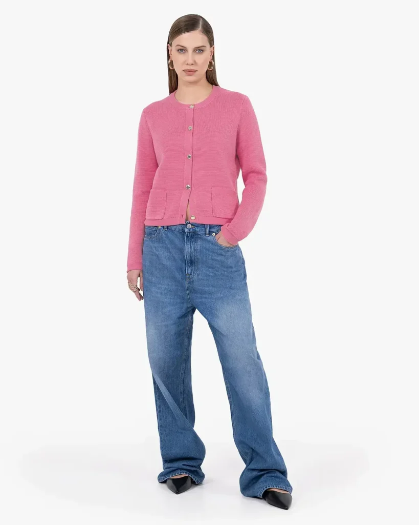 Lilac cashmere cardigan styled with white trousers for an elegant quiet luxury outfit