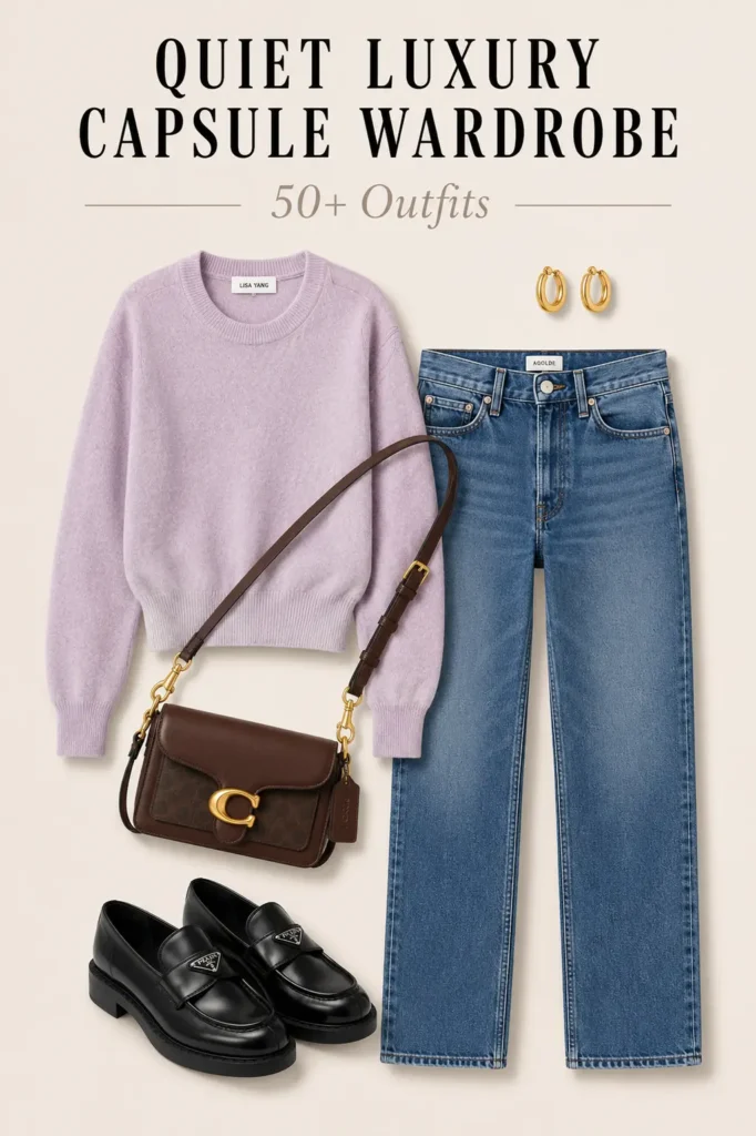 Quiet luxury cashmere sweater outfit with straight-leg jeans, leather loafers and crossbody bag