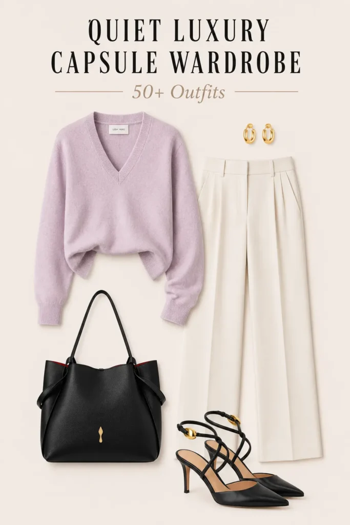 Quiet luxury cashmere sweater with tailored trousers, slingback pumps and structured tote bag