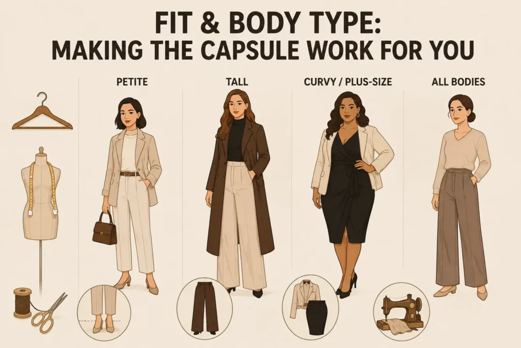 Quiet luxury capsule wardrobe fit guide for petite, tall, curvy and plus-size women