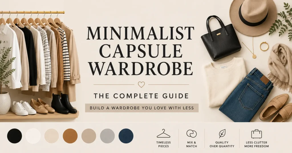 Minimalist capsule wardrobe featuring neutral clothing, shoes, accessories, and mix-and-match wardrobe essentials.