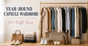 Year-round capsule wardrobe featuring versatile clothing, shoes, bags and layers with 50+ outfit ideas.