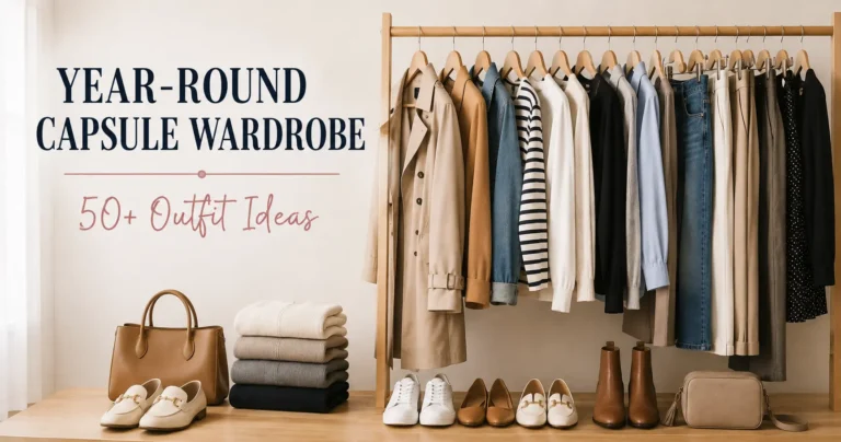 Year-round capsule wardrobe featuring versatile clothing, shoes, bags and layers with 50+ outfit ideas.