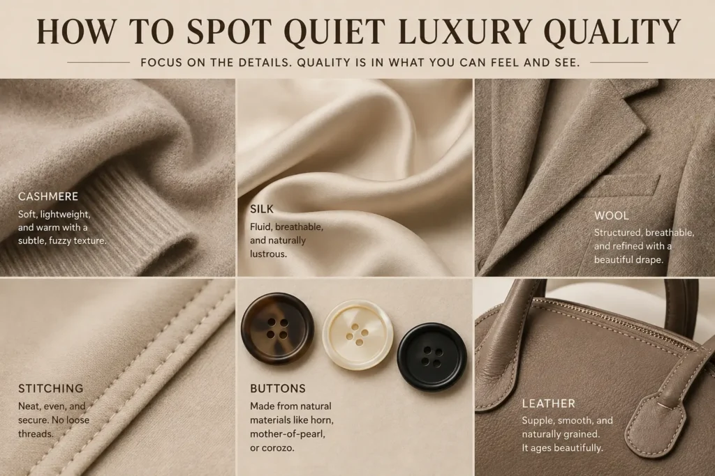 Quiet luxury clothing quality details featuring cashmere, silk, wool tailoring, stitching and premium leather