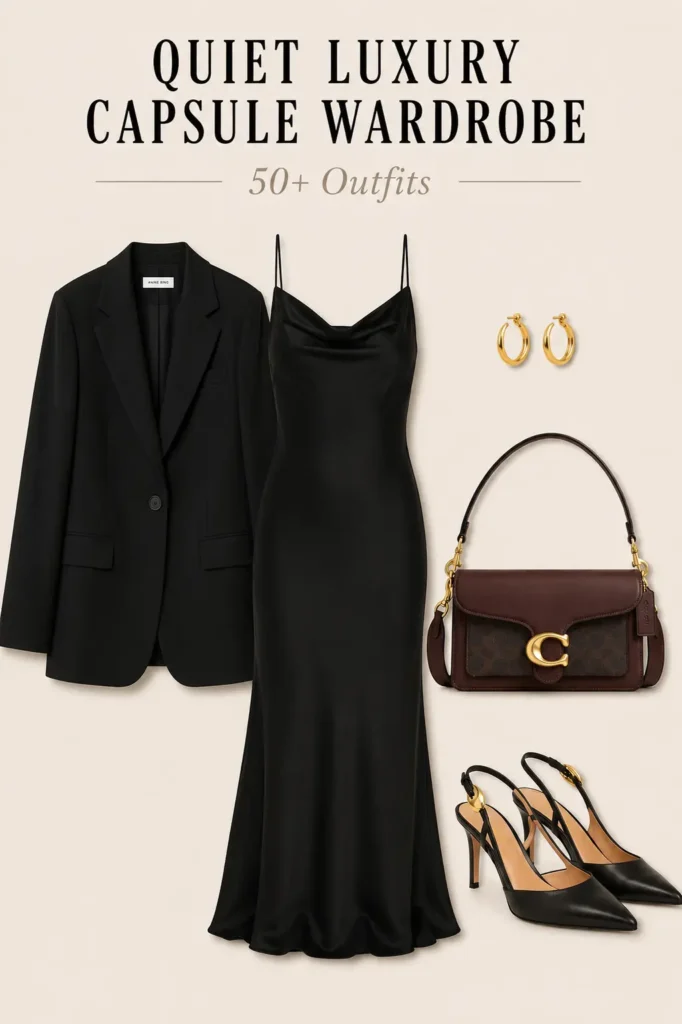 Quiet luxury LBD outfit with black blazer, slingback pumps and brown crossbody bag