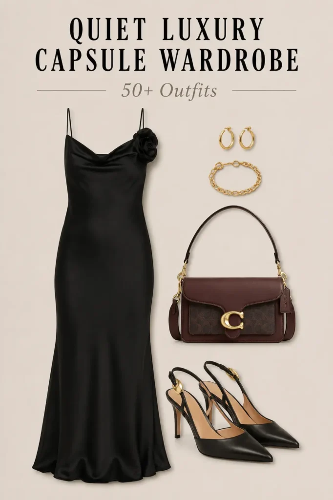 Quiet luxury little black dress with slingback pumps, brown crossbody bag and gold jewelry