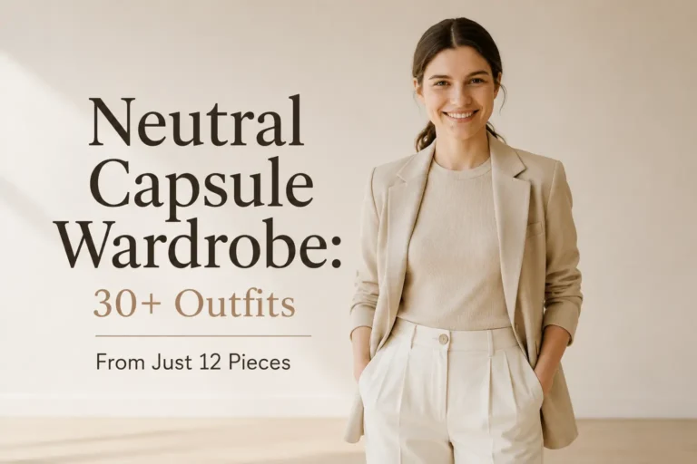 Woman wearing a beige blazer and cream trousers for a neutral capsule wardrobe with 30+ outfits from 12 pieces