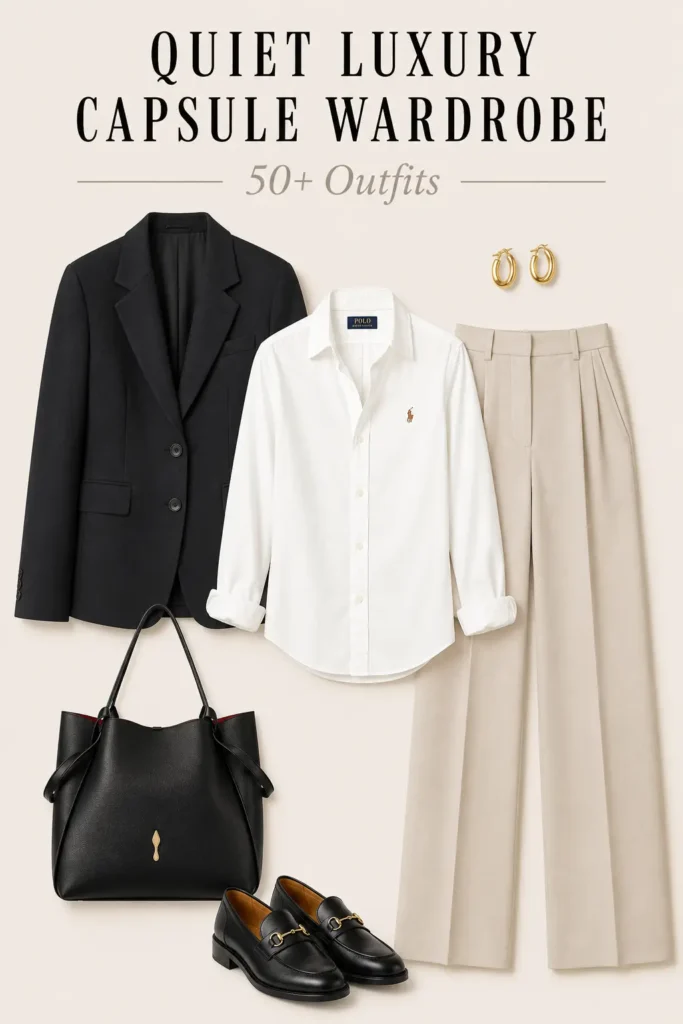 Quiet luxury Oxford shirt outfit with black blazer, tailored trousers, leather loafers and structured tote