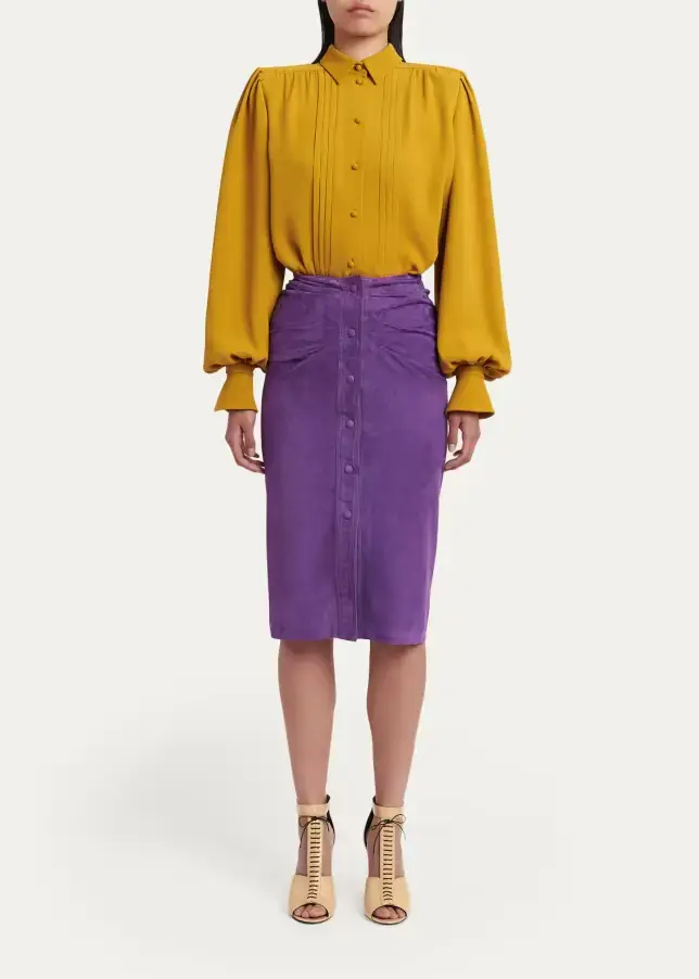 Purple pencil skirt styled with a mustard blouse for a polished outfit