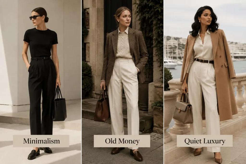 Three women showcasing Minimalism, Old Money, and Quiet Luxury fashion styles in a side-by-side comparison.