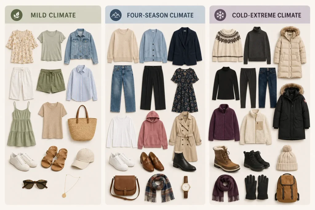 Seasonal capsule wardrobe add-on kits for mild, four-season, and cold-extreme climates