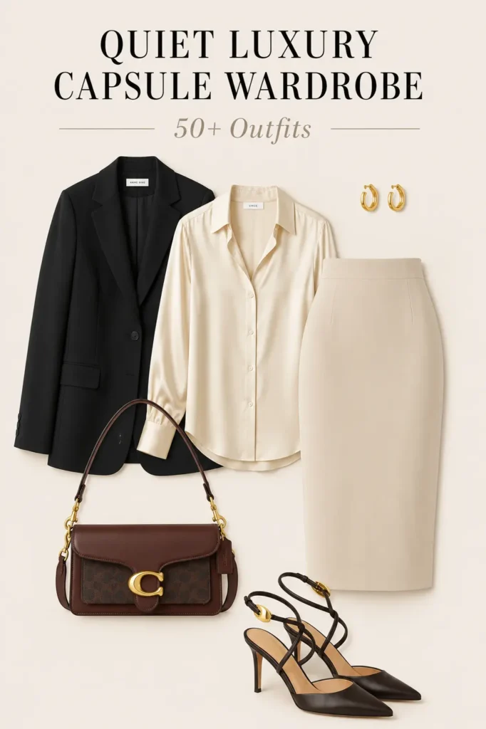 Quiet luxury silk blouse outfit with black blazer, pencil skirt, slingback pumps and crossbody bag