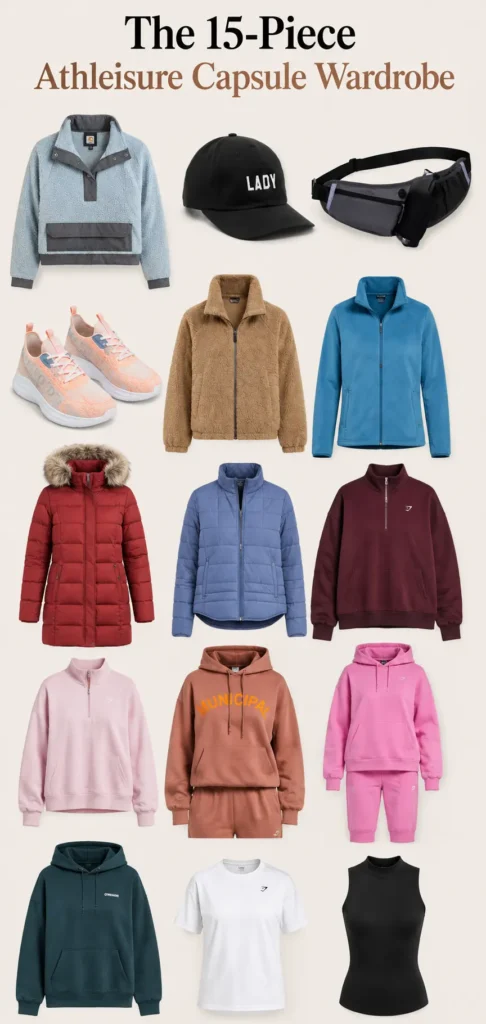 15-piece athleisure capsule wardrobe featuring hoodies, fleece jackets, puffers, sneakers, cap, crossbody bag, T-shirt, fitted tank, and matching sweat set.