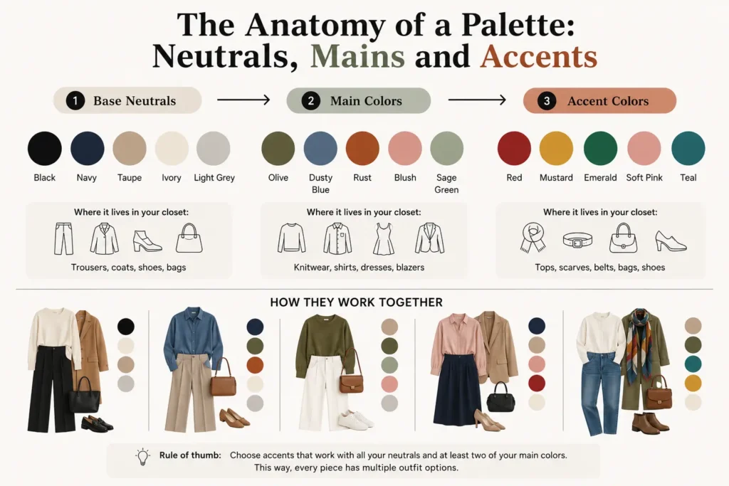 Capsule wardrobe color palette showing how base neutrals, main colors and accent colors work together
