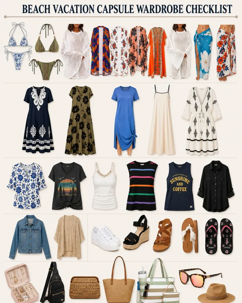 Beach vacation capsule wardrobe checklist featuring swimwear, cover-ups, dresses, tops, lightweight layers, shoes, bags, sunglasses, and summer accessories.