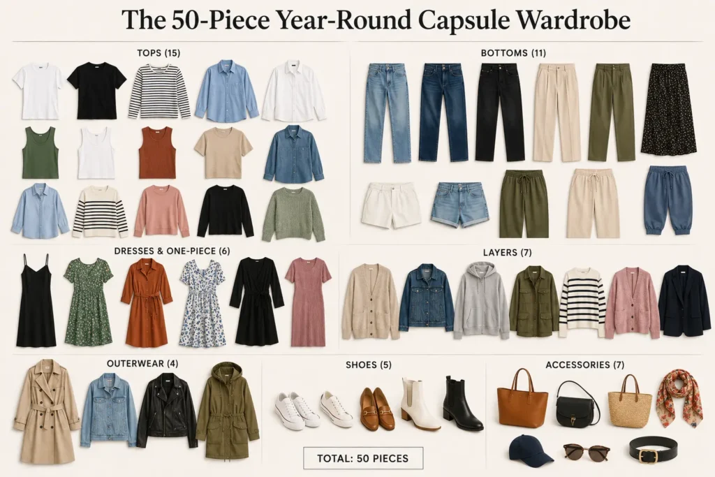 50-piece year-round capsule wardrobe with colorful and neutral tops, bottoms, dresses, layers, outerwear, shoes, and accessories