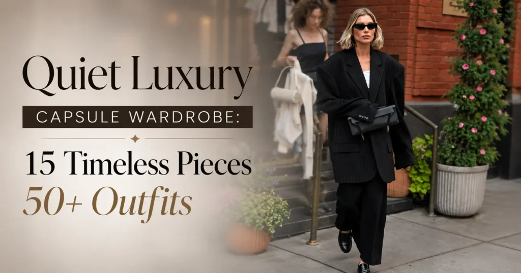 Quiet luxury capsule wardrobe featuring a woman in a black tailored suit with 15 timeless pieces and 50+ outfit ideas