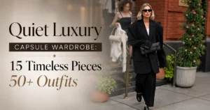 Quiet luxury capsule wardrobe featuring a woman in a black tailored suit with 15 timeless pieces and 50+ outfit ideas