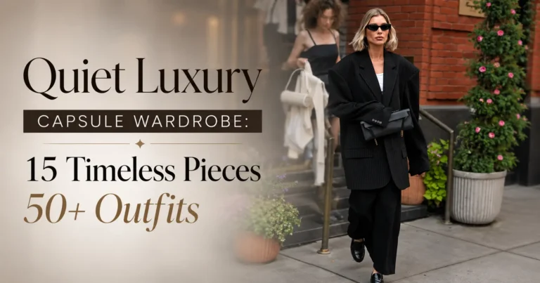 Quiet luxury capsule wardrobe featuring a woman in a black tailored suit with 15 timeless pieces and 50+ outfit ideas