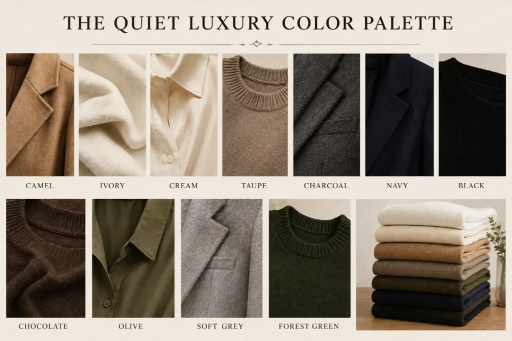 Quiet luxury color palette with camel, ivory, cream, taupe, charcoal, navy, black, chocolate, olive and forest green fabrics