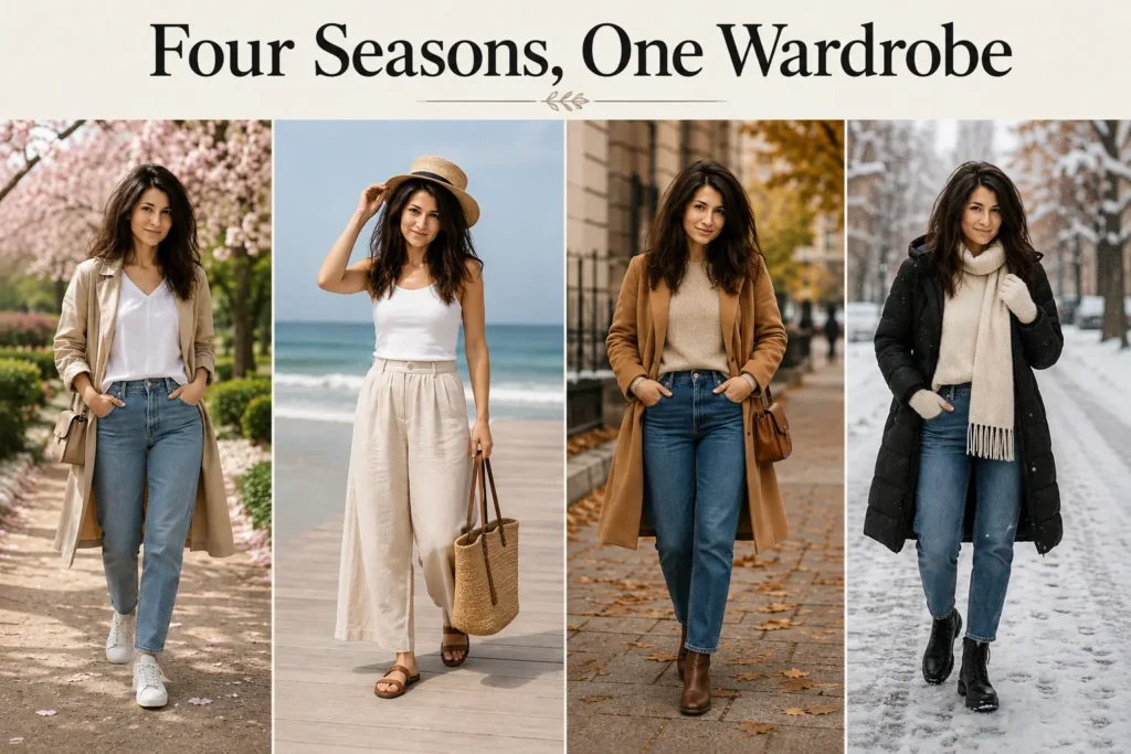 Four seasons one wardrobe showing the same woman styling versatile capsule wardrobe pieces for spring, summer, fall, and winter