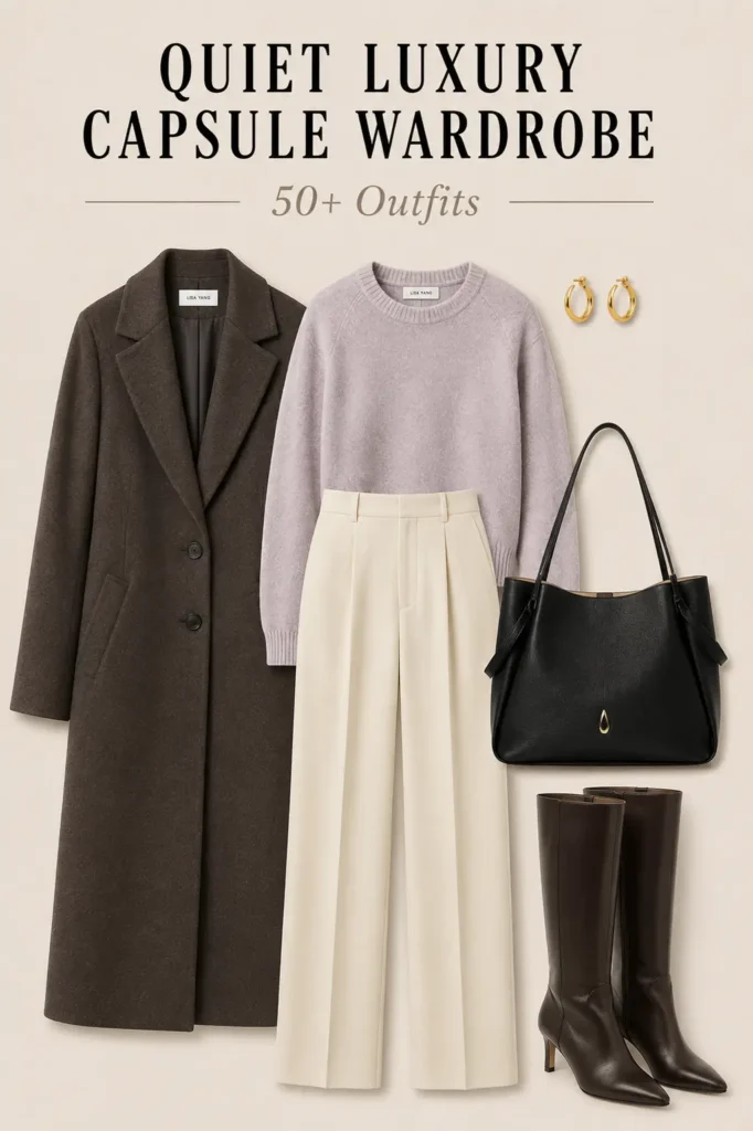 Quiet luxury outfit with wool coat, cashmere sweater, tailored trousers, tall boots and structured tote