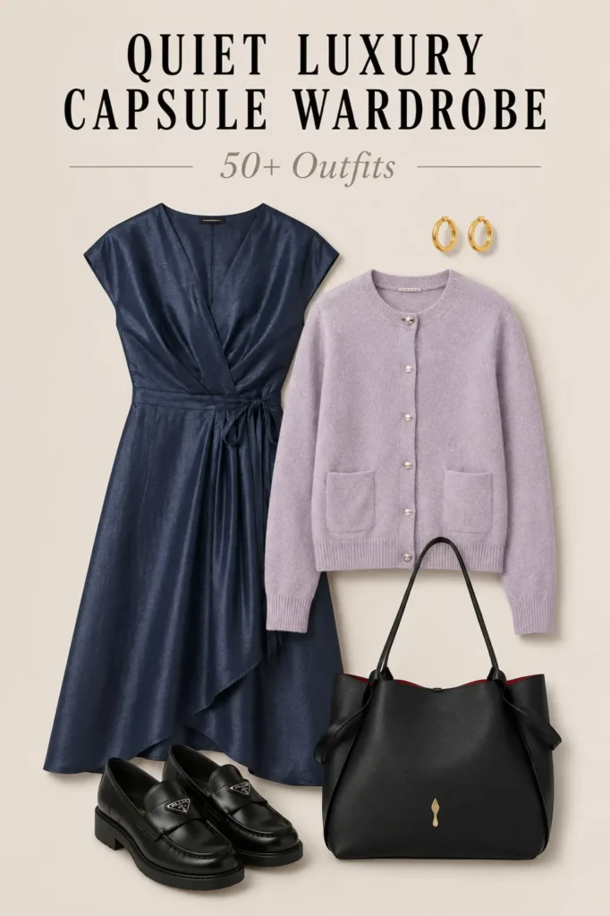 Quiet luxury navy wrap dress with cashmere cardigan, black loafers and structured leather tote