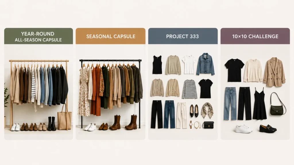 Visual comparison of year-round, seasonal, Project 333, and 10x10 capsule wardrobe approaches