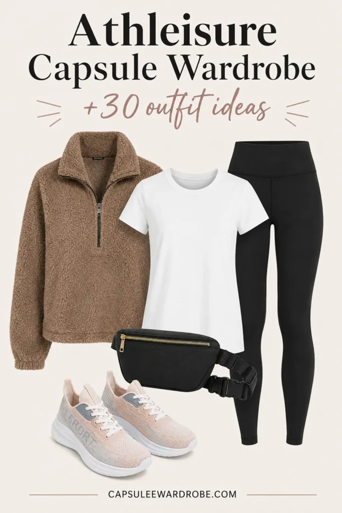 Black leggings with basic tee, half-zip, sporty sneakers and belt bag athleisure outfit