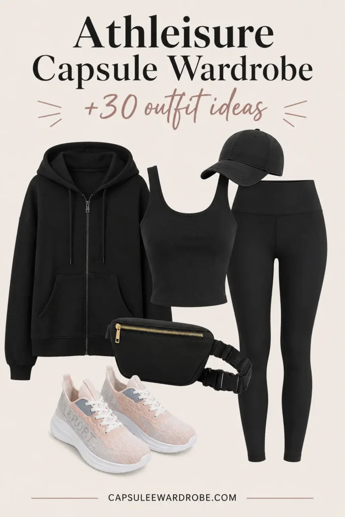 Black leggings with fitted tank, hoodie, fashion sneakers and cap athleisure outfit