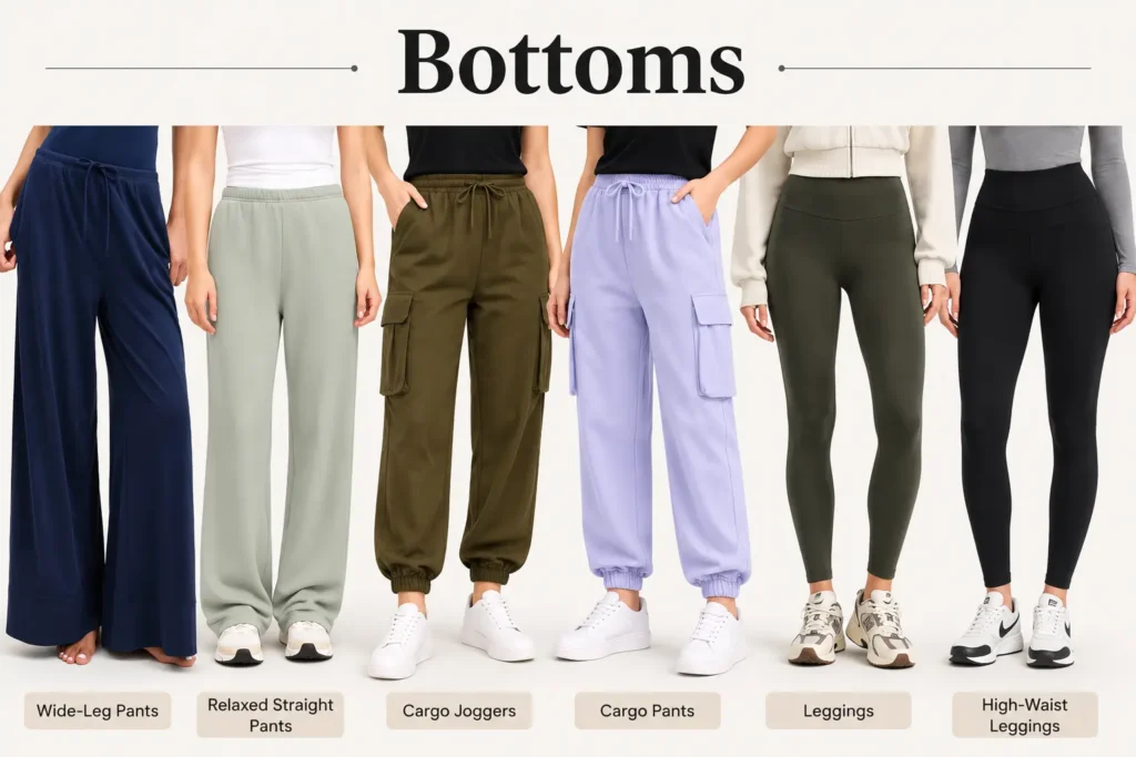 Athleisure capsule wardrobe bottoms featuring wide-leg pants, relaxed pants, cargo joggers and leggings