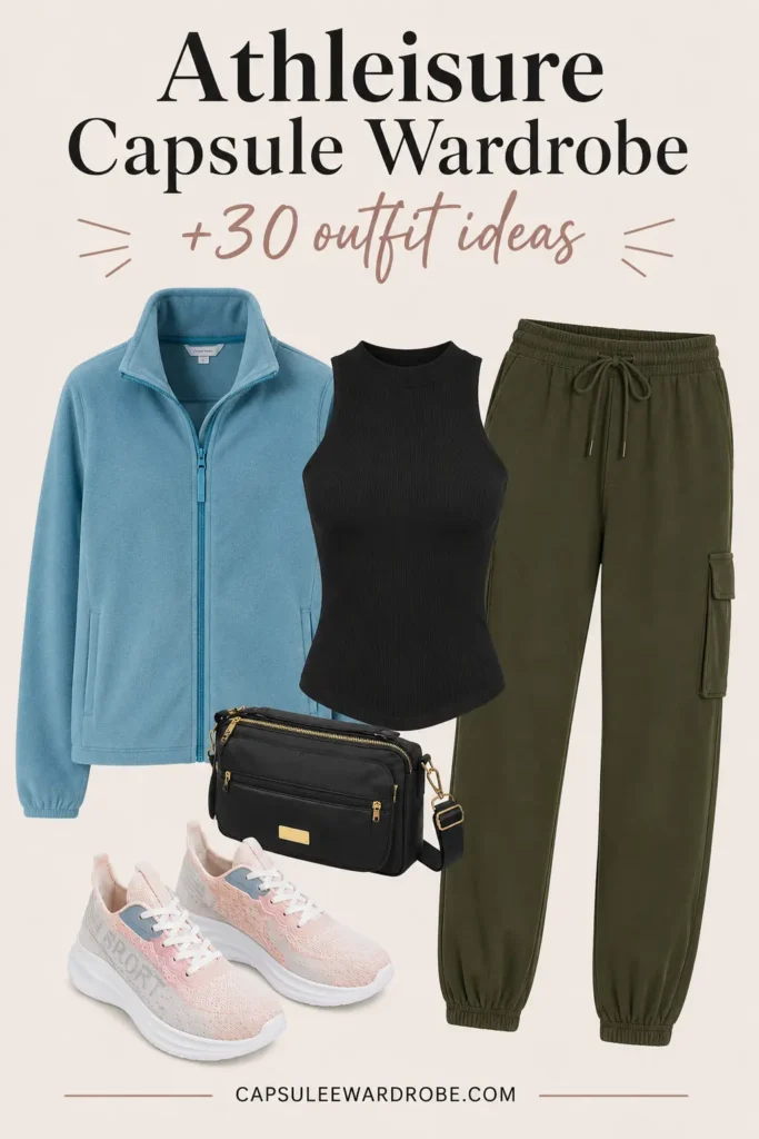 Joggers with fitted tank, fleece jacket, fashion sneakers and crossbody bag