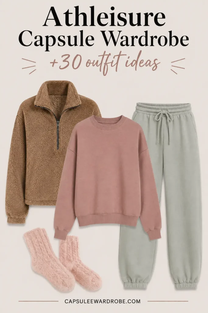 Joggers with sweatshirt, sherpa jacket and fuzzy socks cozy athleisure outfit
