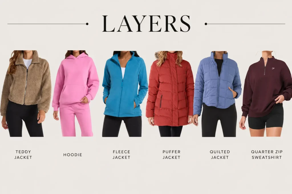 Athleisure capsule wardrobe layers featuring teddy jacket, hoodie, fleece jacket, puffer jacket and quarter-zip sweatshirt