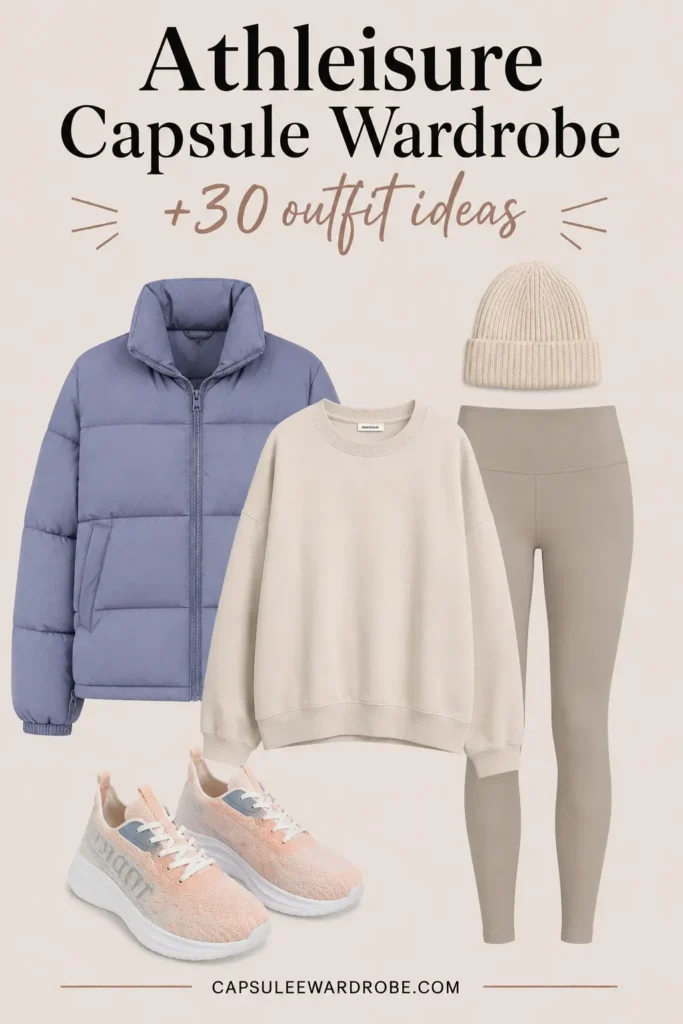 Neutral leggings with sweatshirt, puffer jacket, sporty sneakers and beanie