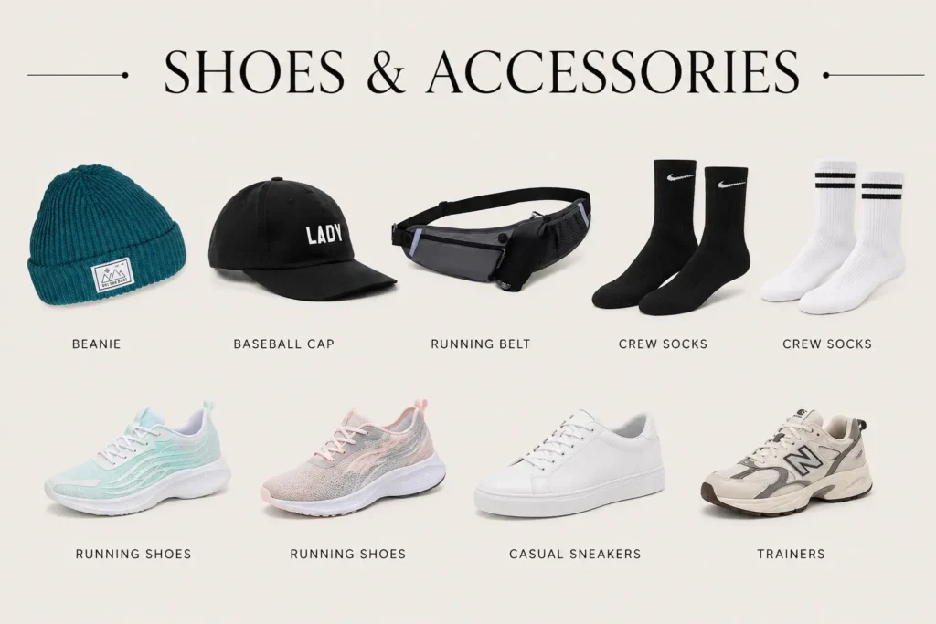 Athleisure capsule wardrobe shoes and accessories featuring sneakers, running shoes, beanie, baseball cap and running belt