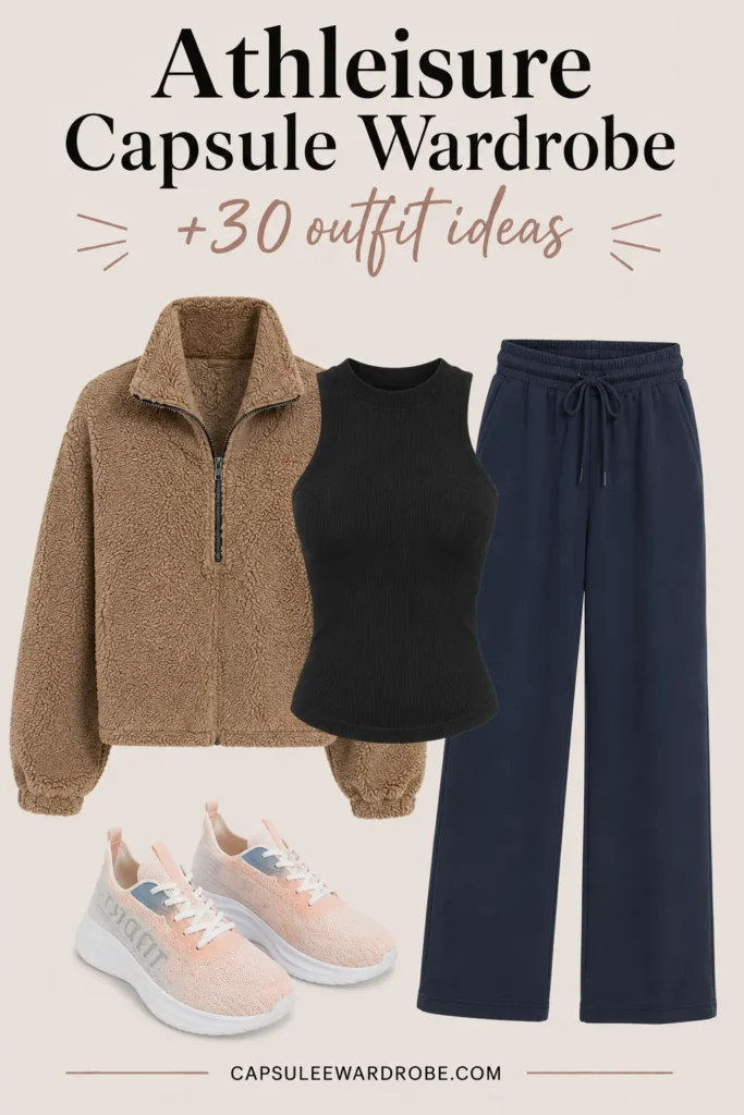 Sweatpants with fitted tank, fleece jacket and sneakers athleisure outfit idea