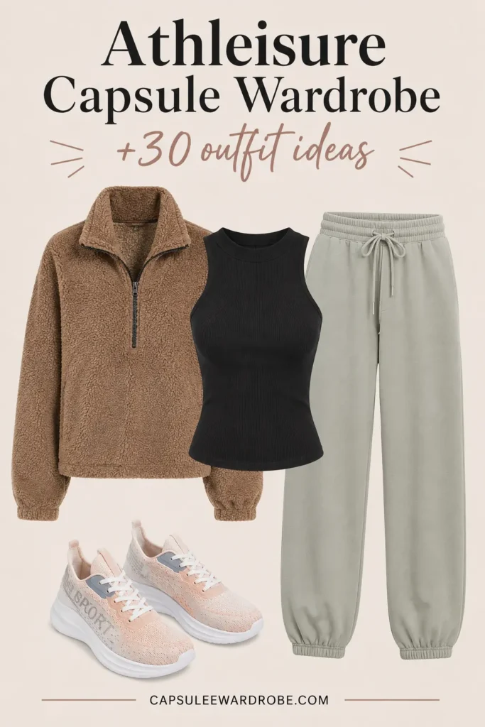 Sweatpants with fitted tank, half-zip and sporty sneakers casual athleisure outfit