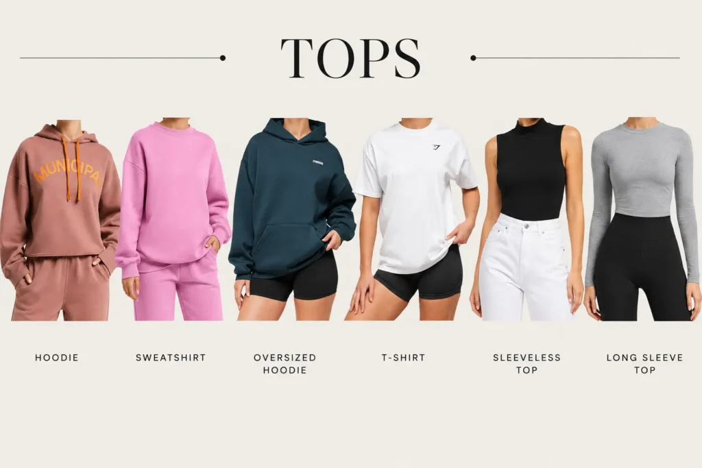 Athleisure capsule wardrobe tops featuring hoodies, sweatshirt, oversized T-shirt, sleeveless top and long-sleeve top