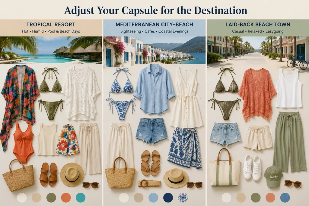 Beach capsule wardrobe ideas for a tropical resort, Mediterranean city beach, and laid-back beach town.