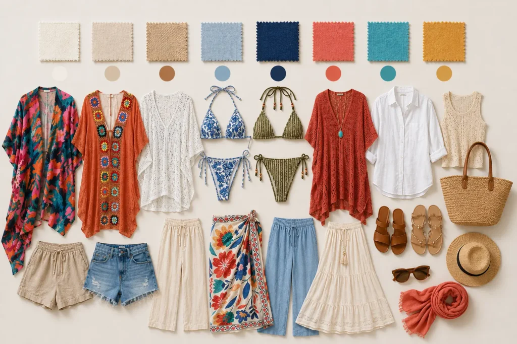 Beach capsule wardrobe color palette with neutral and colorful swimwear, cover-ups, linen clothing, and beach accessories.