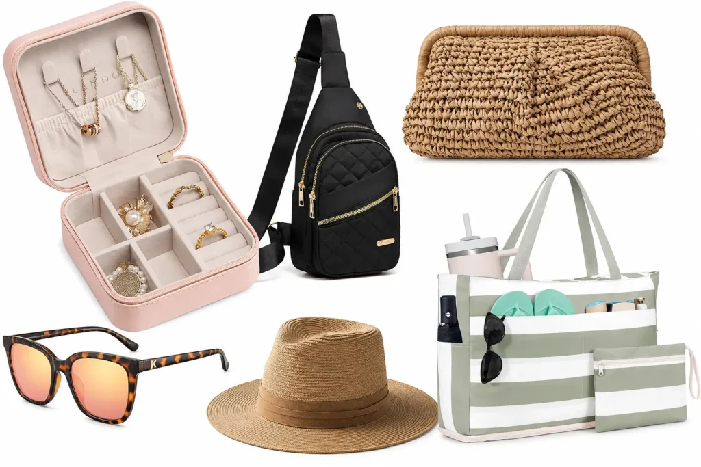 Beach vacation accessories featuring straw hat, sunglasses, jewelry, woven bags, crossbody bag, and beach tote