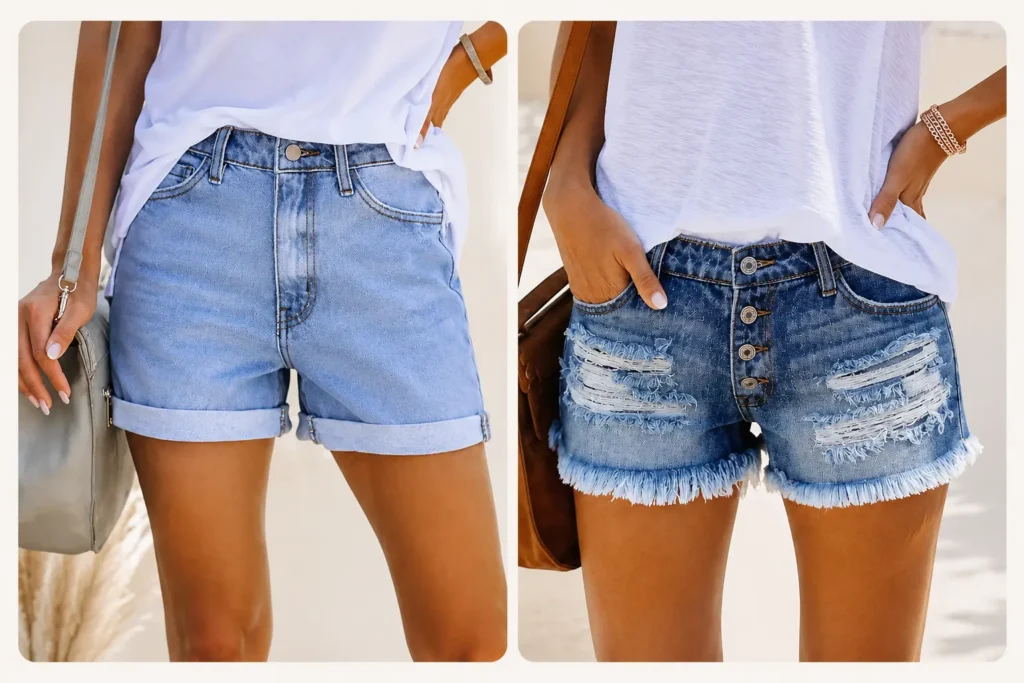 Beach vacation capsule wardrobe bottoms featuring light-wash cuffed denim shorts and distressed denim shorts for casual summer outfits.