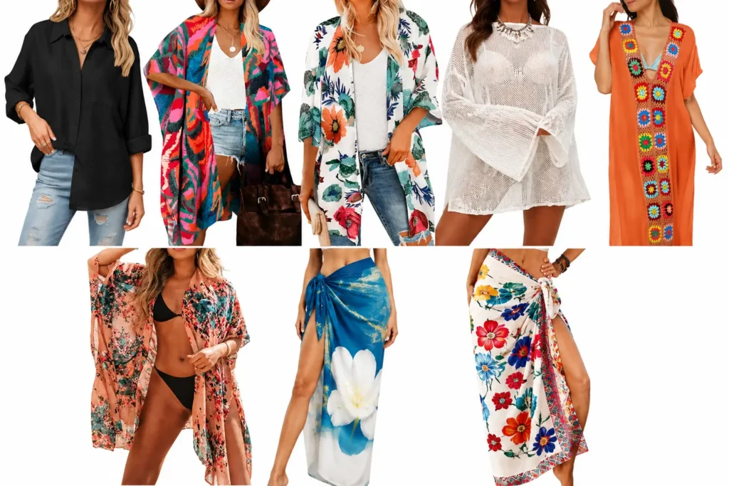 Beach cover-ups featuring lightweight kimonos, crochet cover-ups, kaftans, and colorful sarongs
