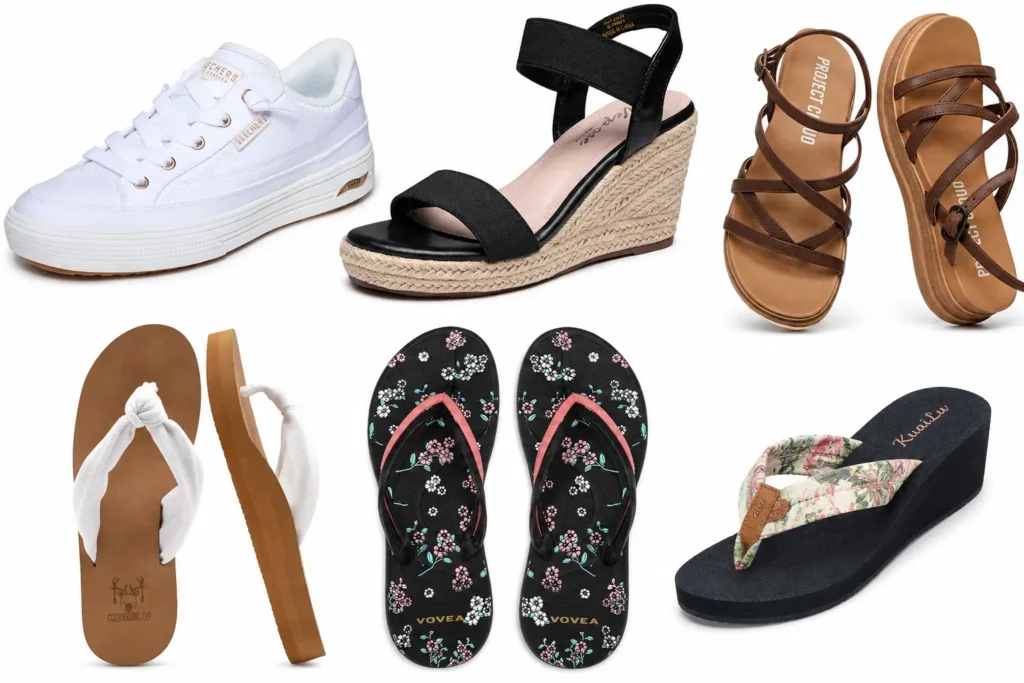 Beach vacation shoes featuring white sneakers, wedge sandals, flat sandals, and comfortable flip-flops