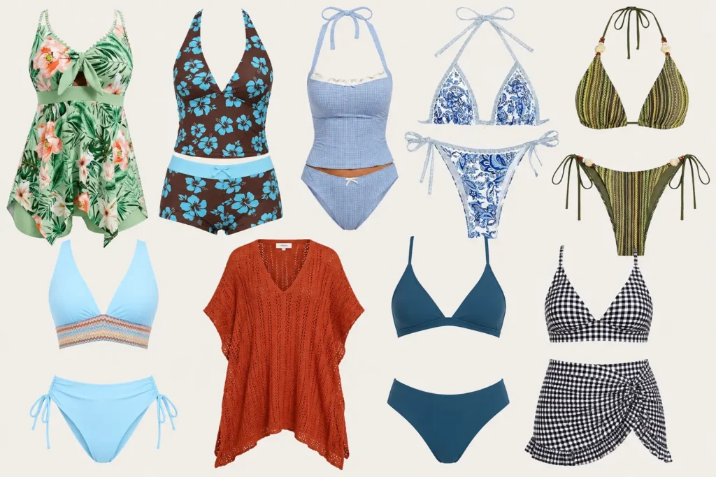 Beach vacation capsule wardrobe swimwear featuring bikinis, tankinis, and versatile swimsuit styles