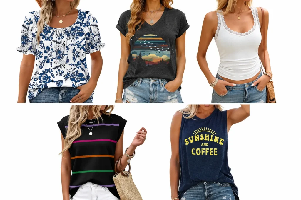 Beach vacation capsule wardrobe tops featuring floral blouse, casual T-shirt, tank top, and sleeveless tops