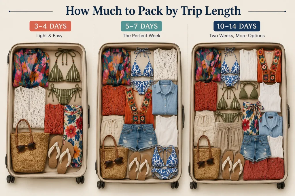 Beach vacation capsule wardrobe packing guide showing what to pack for 3–4 days, 5–7 days, and 10–14 days.